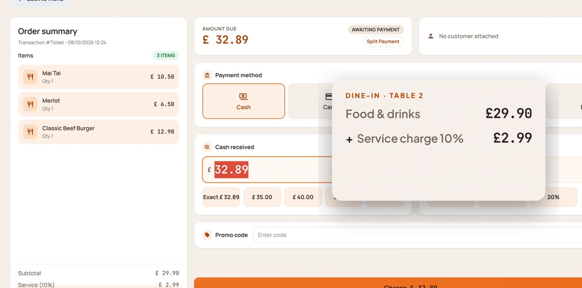The till's card payment screen showing an amount due of £32.89