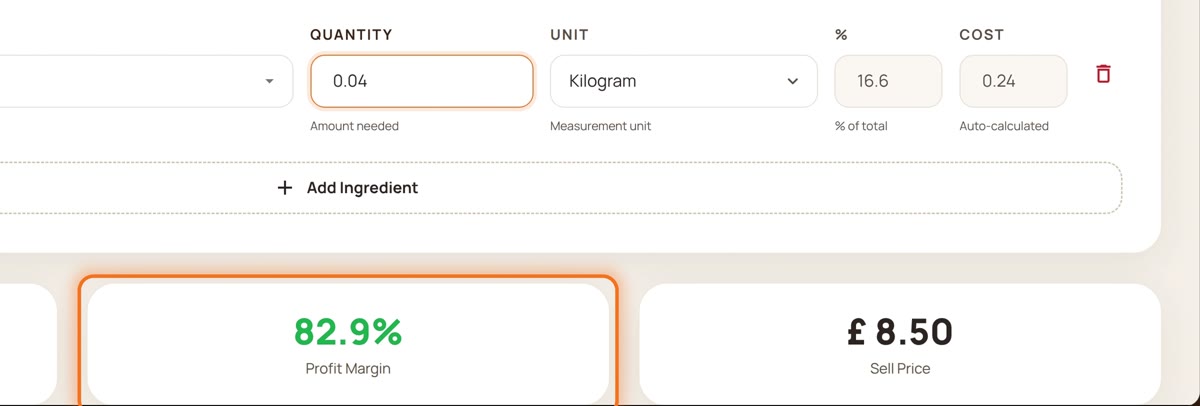 Recipe costing: ingredient quantities, an 82.9% profit margin and an £8.50 sell price