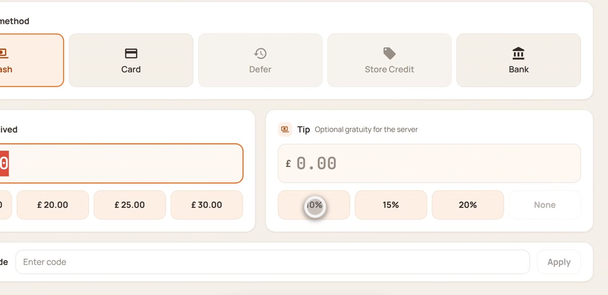 Tip buttons for 10, 15 and 20 percent